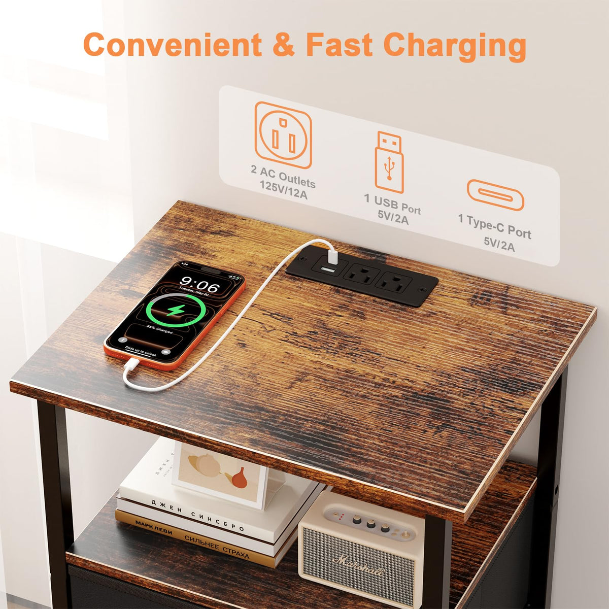 Smoproper Nightstand with Charging Station, Bedside End Table with 2 Fabric Drawers for Bedroom, Side Table with USB Ports and Outlets (Brown Black)