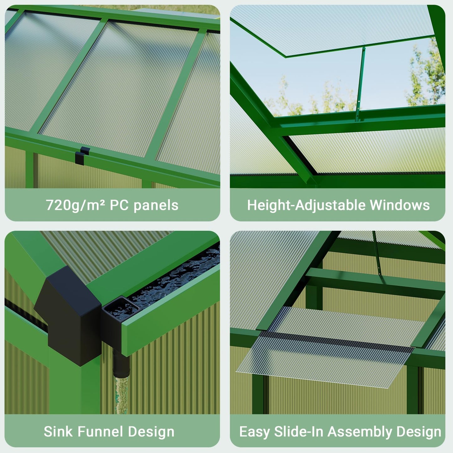 Greenhouse, 6x8 FT Greenhouse for Outdoors, Walk-in Green House with Ground Nails and Vent Windows, Sliding Lockable Door, Polycarbonate Greenhouses for Outside Garden Backyard, Quick Setup, Green