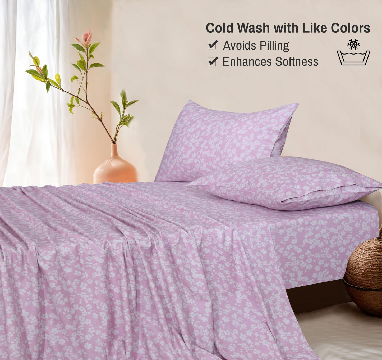 RUVANTI Flannel Sheets Queen Size - 100% Cotton Double Brushed Bed Sheets, Deep Pockets 16 Inches Queen Sheet Set, All Seasons Breathable & Extra Soft - Warm & Cozy, 4 Piece, Pink Flora