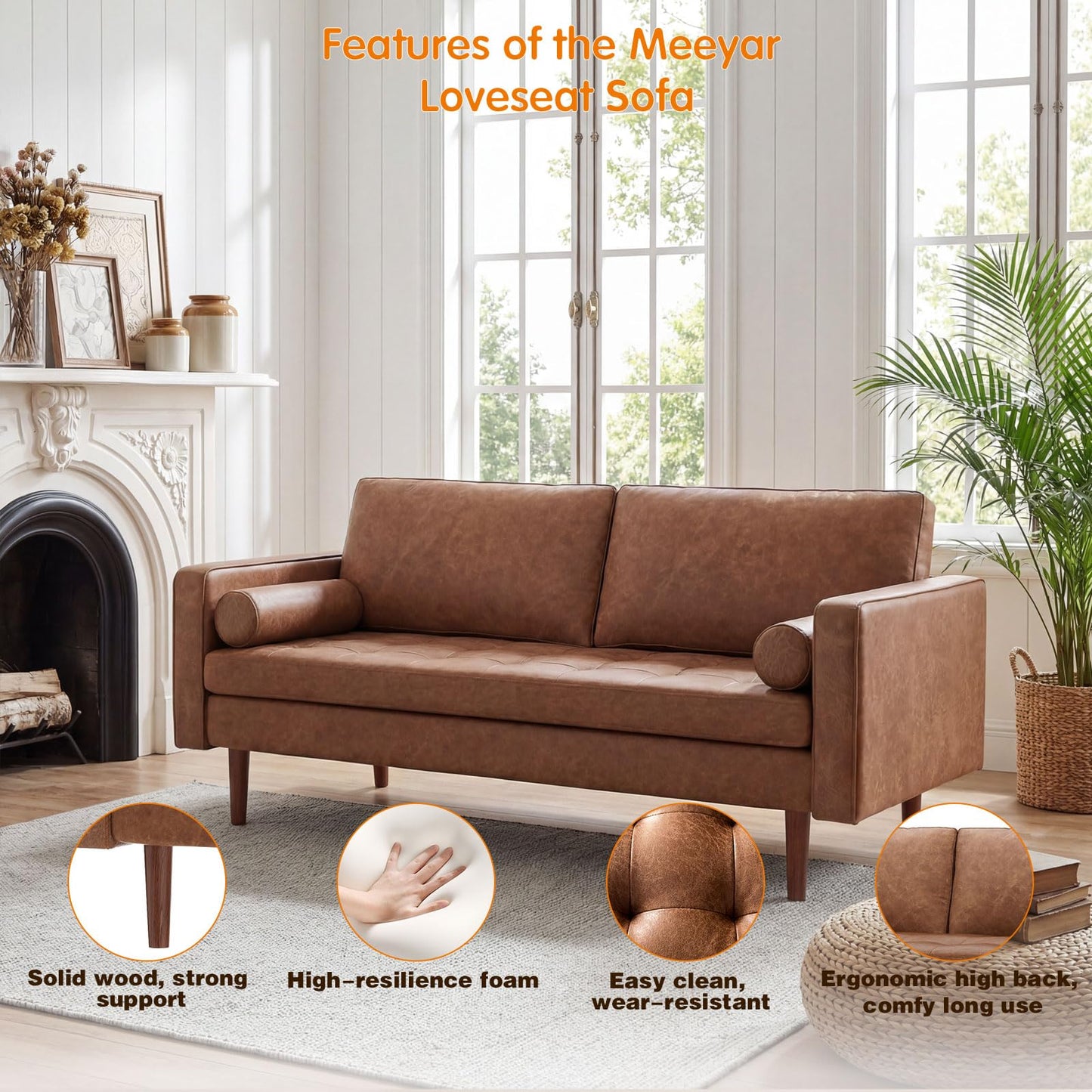 Meeyar 70" Mid-Century Modern Sofa Couch – Faux Leather Loveseat Sofa with Deep Seat & Solid Wood Frame – Includes 2 Accent Pillows –Dark Brown Living Room Bedroom Office