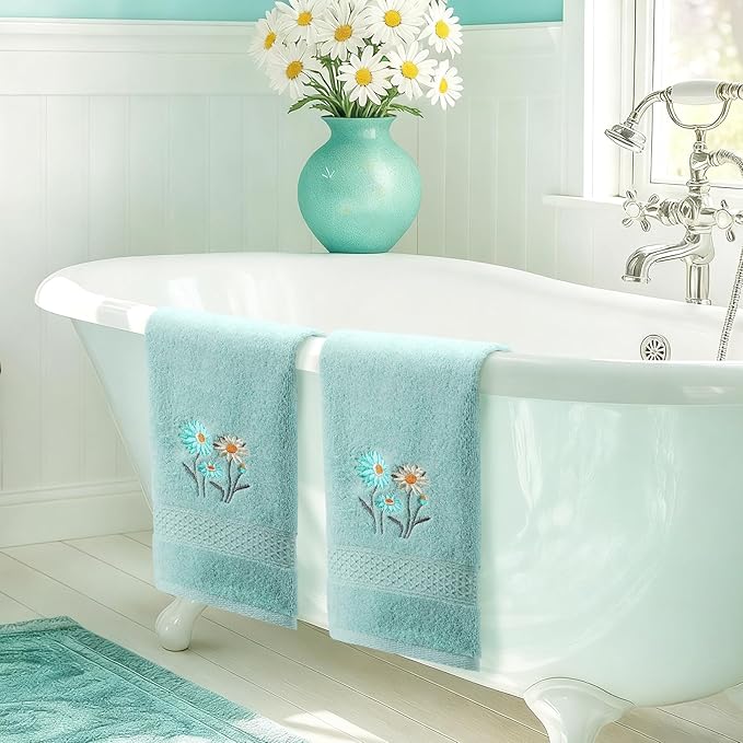 2 Pcs Daisy Hand Towels Teal Flower Bathroom Decor 14x29 Inch Embroidered 100%