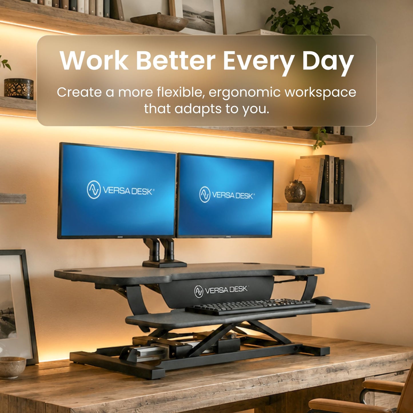 VERSADESK PowerPro 36 Inch Electric Standing Desk Converter – Push-Button Height Adjustable Sit to Stand Desk Riser for Dual Monitors & Laptop – Motorized Desktop Workstation with Wide Keyboard Tray