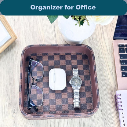 NAKOR HOME Leather Valet Tray for Men (Solid Wood Inside), Key Trays Bowl for Entryway Table, EDC Catch All Dish, Organizer Decorative Tray for Cologne Jewelry Perfume Watch Wallet- Brown Checkered PU