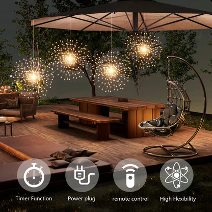 4 Pack 800 LED Plug in Starburst Sphere Lights,Firework Light 8 Modes Dimmable Remote Control,Waterproof Copper Wire Hanging Fairy Lights for Patio Parties Tent Christmas (Warm White)