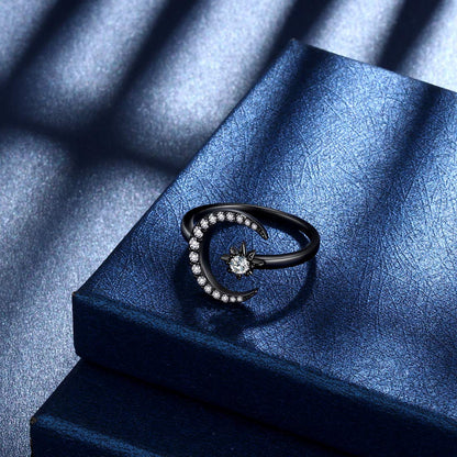 beautlace Star and Moon Adjustable Rings Black Gun Plated Crescent Moon Stars Open Ring Jewelry for Women KR0032K