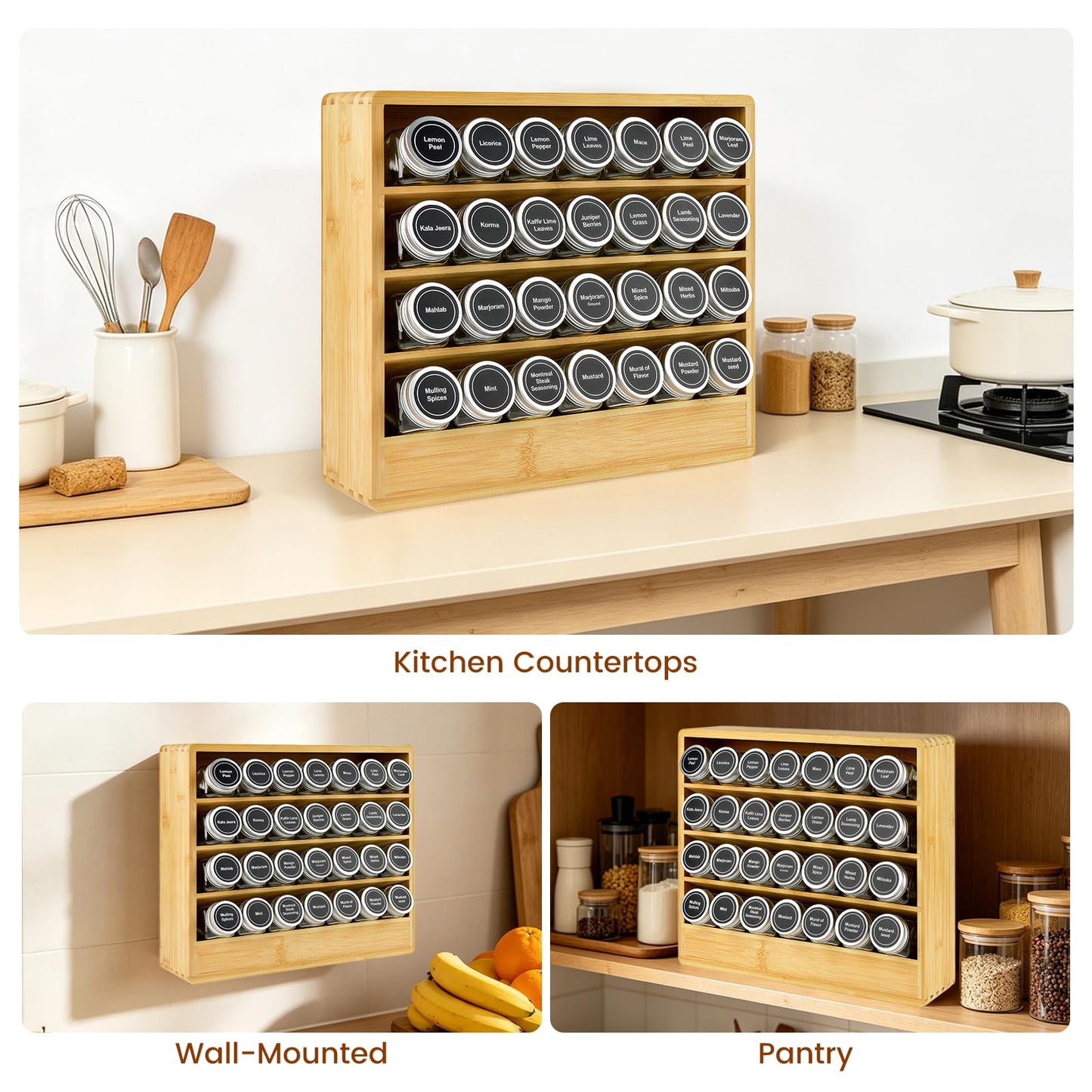 FifanQiQi Bamboo Tiered Spice Rack Organizer for Cabinet,Wooden Seasoning Rack for Countertop, Cupboard, Pantry, Kitchen (Spice Jars Not Included)