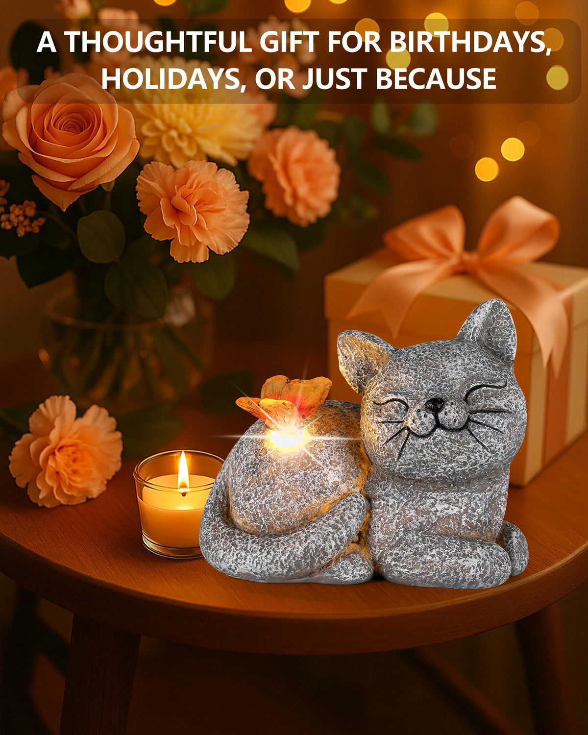 GoGnome Solar Cat Garden Statue with Butterfly Light – 5-Inch Outdoor Resin Figurine for Yard, Patio, Balcony – Gifts for Women, Garden Decor Accent (Cat)