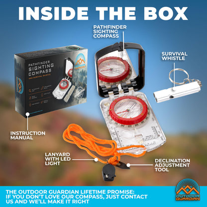 Outdoor Guardian Pathfinder Sighting Compass - Precise Navigation, Hiking and Orienteering Mirror Compass with Luminous Bezel, Adjustable Declination, Clinometer, LED and Survival Whistle, Scout Gifts