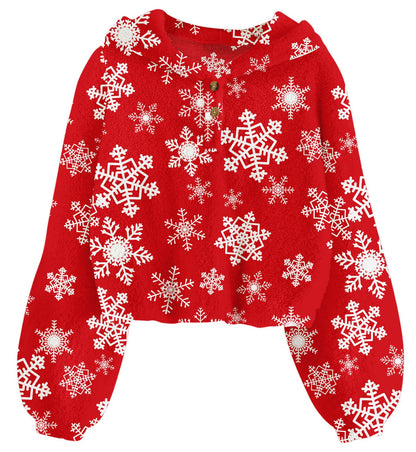 TUONROAD Red Snowflake Hoodies for Teen Girls 10 12 Years Fuzzy Sherpa Oversized Pullover Sweatshirt Size 13 14 Young Girl's Cute Button Cropped Tops Tee Children Juniors Christmas Party Outfits