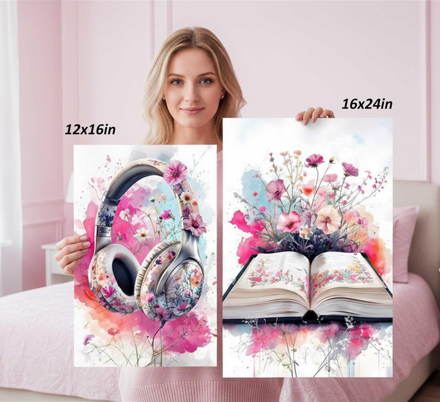 3Pcs Teen Girls Bedroom Canvas Wall Art Fashion Headphones Book and Shoes Pink Watercolo Splash Flower Painting Pictures Wall Decor Print Artwork for Living Room Dorm Home Decoration Unframed