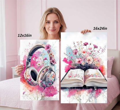 3Pcs Teen Girls Bedroom Canvas Wall Art Fashion Headphones Book and Shoes Pink Watercolo Splash Flower Painting Pictures Wall Decor Print Artwork for Living Room Dorm Home Decoration Unframed