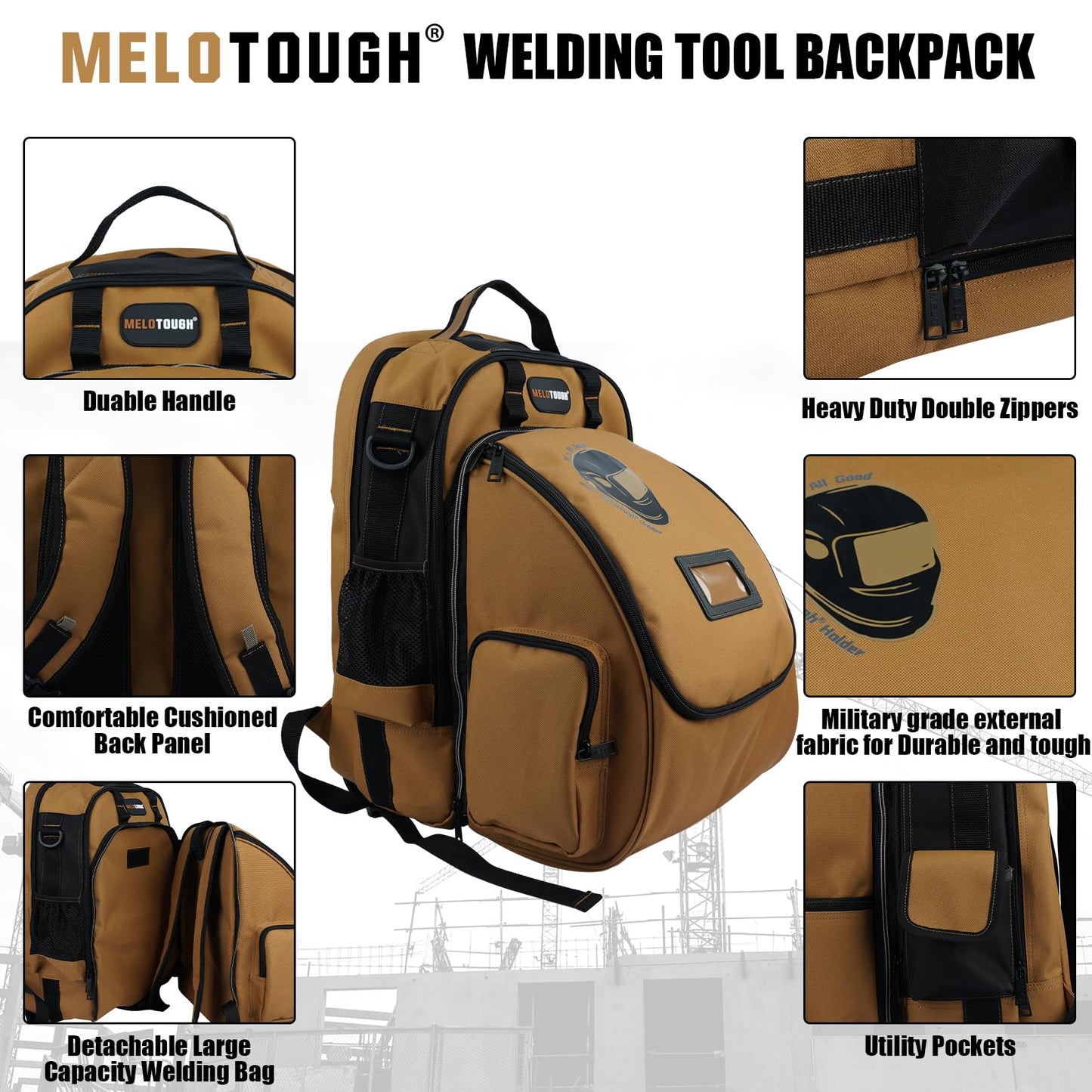 MELOTOUGH Welding Tool backpack for Tools and Helmet Extreme Gear Pack with Large Capacity Welding Helmet Bag,Work Knee Pads for Men Women Construction, Flooring, Roofing - Comfortable and Non Slip