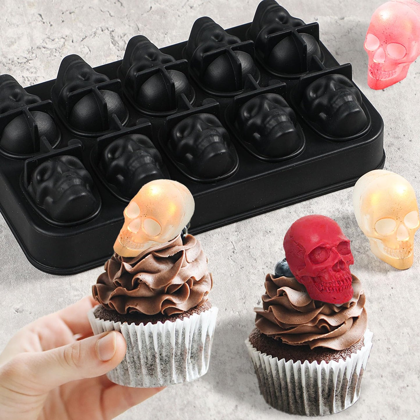 Webake Skull Ice Cube Mold 3D, 10-Cavity Skeleton Head Silicone Ice Mold with Lid and Funnel for Whiskey Cocktail Reusable for Halloween Baking Chocolate, Candy, Pudding