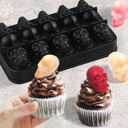 Webake Skull Ice Cube Mold 3D, 10-Cavity Skeleton Head Silicone Ice Mold with Lid and Funnel for Whiskey Cocktail Reusable for Halloween Baking Chocolate, Candy, Pudding