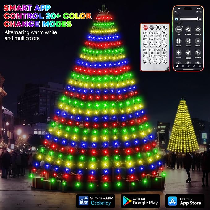 30+ Modes Ring Christmas Tree Lights Indoor Outdoor - 7.5Ft x 12 Lines 336 LED Easy App Control Color Changing Timer Remote Waterproof for 6 7 Ft Xmas Trees (Warm White to Multicolor)