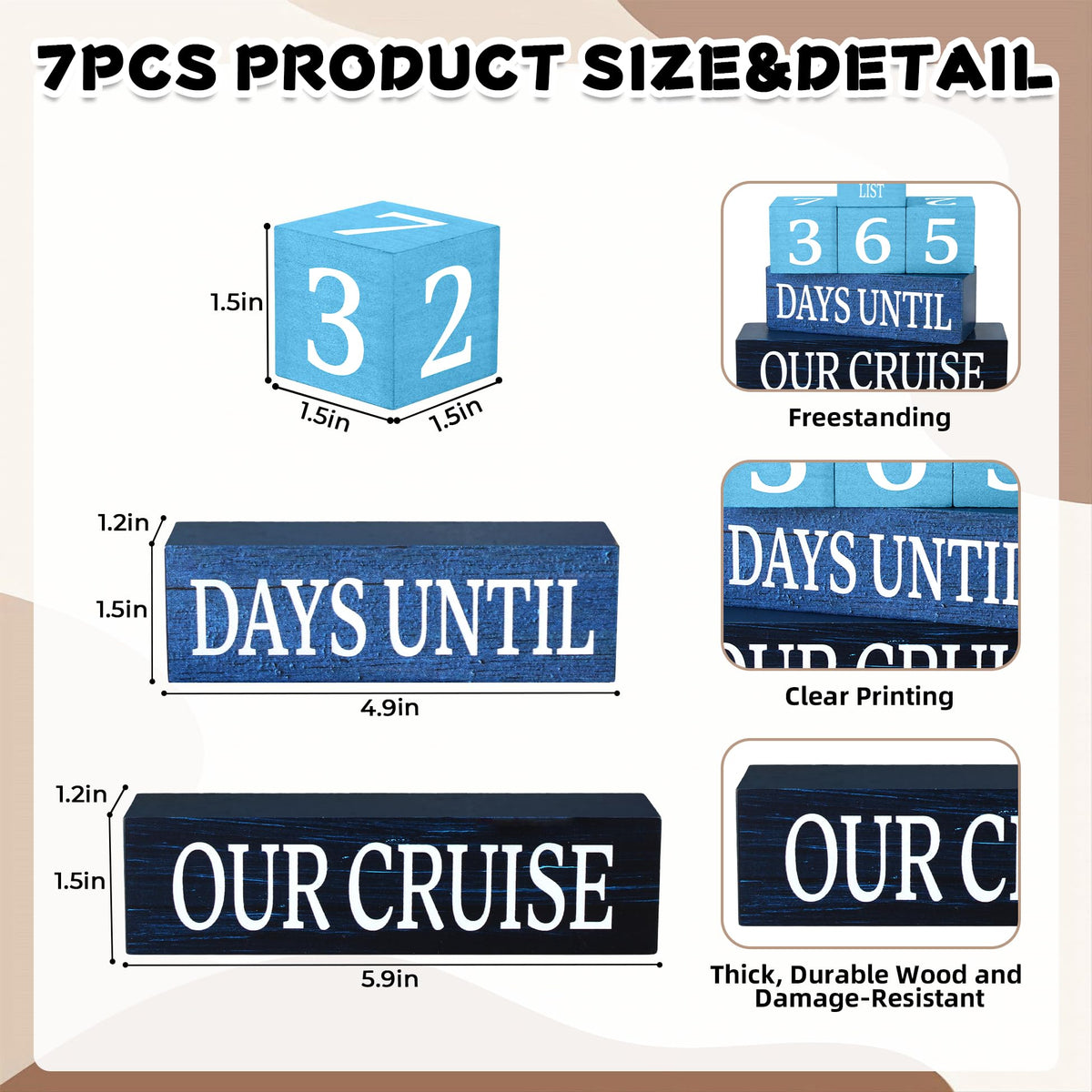 7 Pcs 365 Days Cruise Countdown Wooden Table Decor, Cruise Activities Decision Dice Table Decorations for Home Office