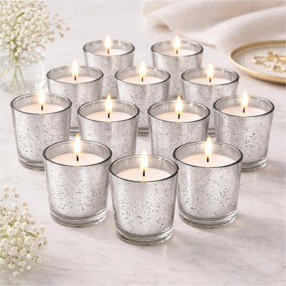Hosley Set of 12 Silver Mercury Filled Glass Votive Candles. Ideal Gift for Weddings, Bridal Showers, Parties, Home Decor, and Special Events