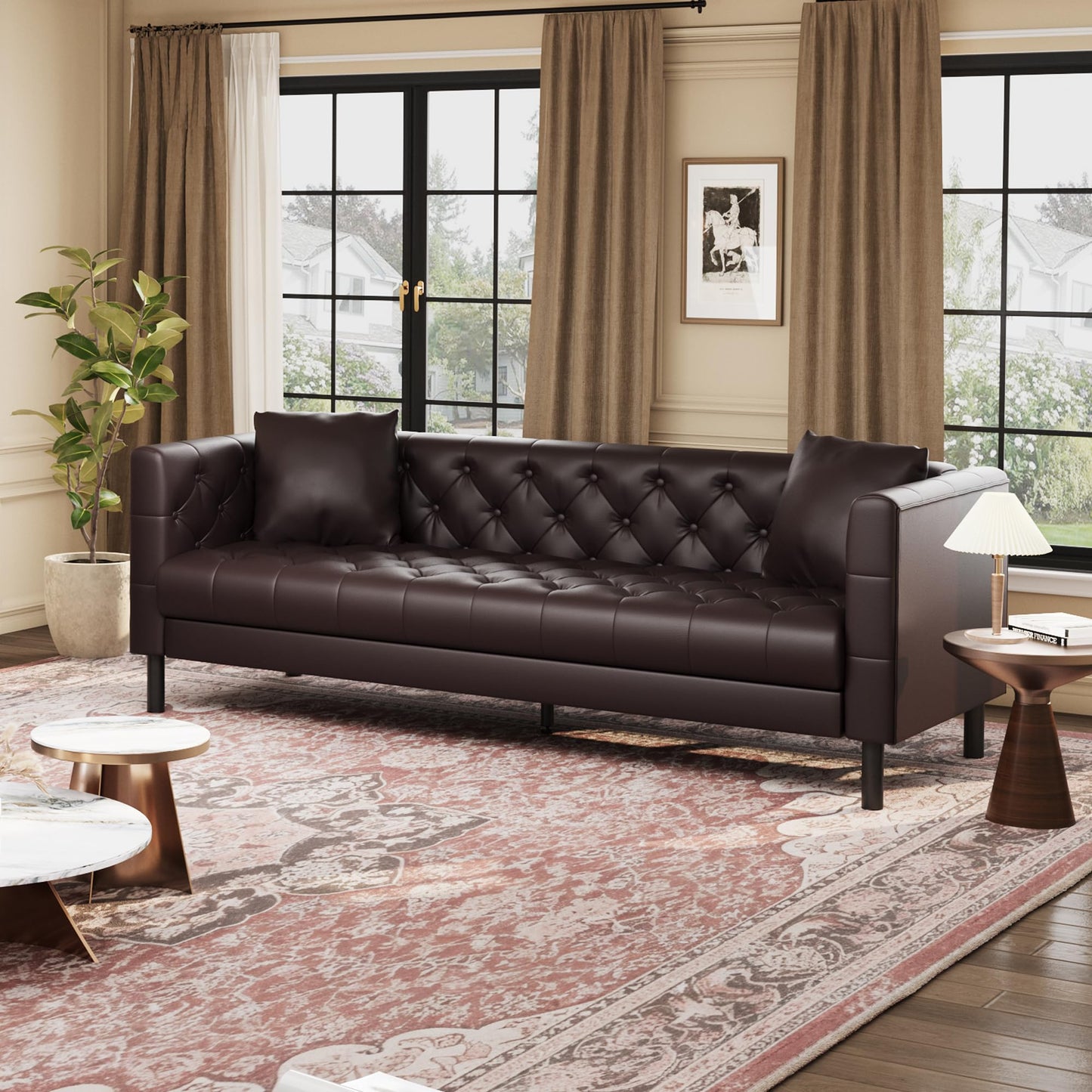 GAOMON 81" Leather Couch, Handmade Button Tufted 3 Seater Sofa, Chesterfield Sofa with Deep Seat and 2 Pillows, Leather Sofa for Living Room Apartment, Office, Dark Brown
