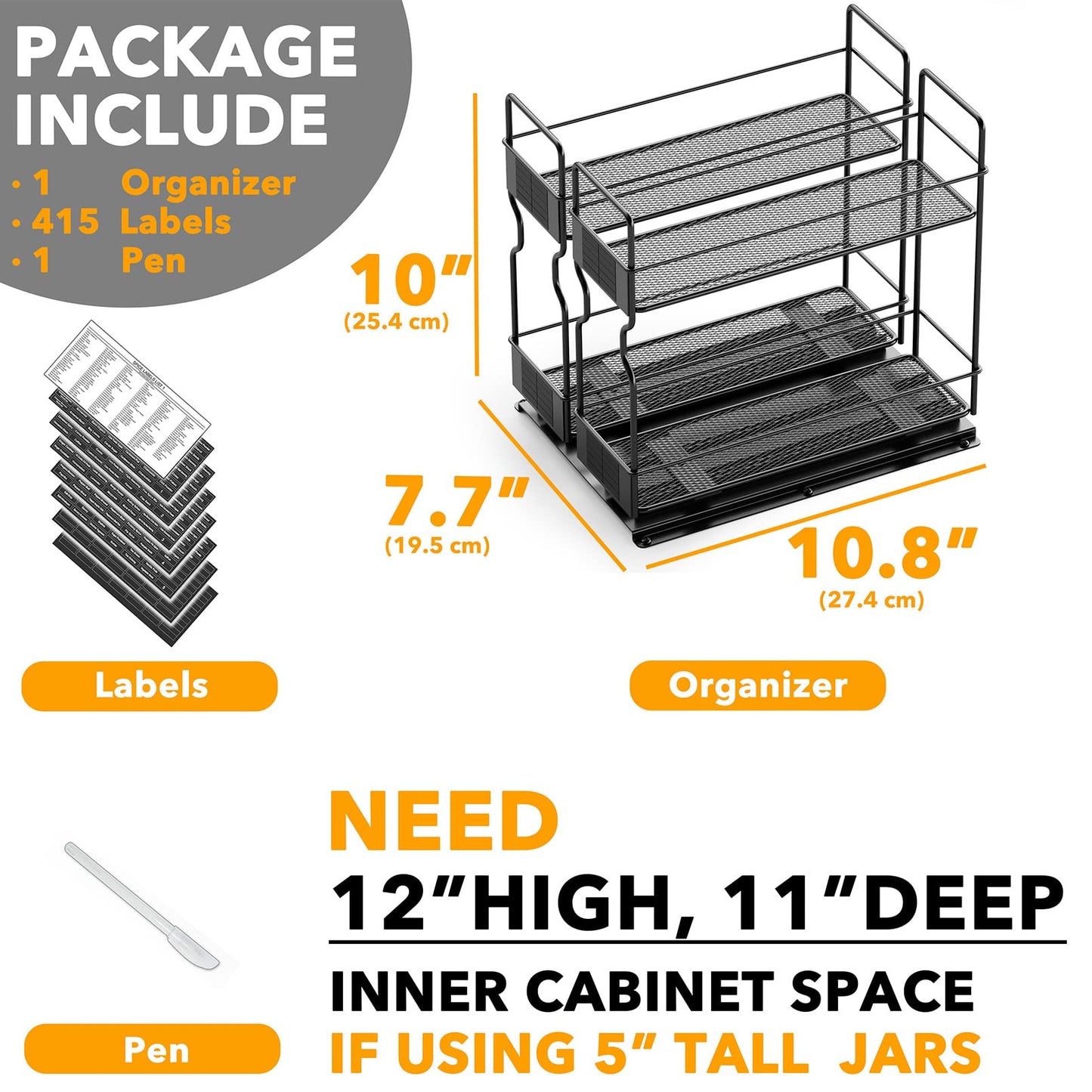 SpaceAid Pull Out Spice Rack Organizer for Cabinet, Heavy Duty Slide Out Seasoning Kitchen Organizer, Cabinet Organizer, with Labels, 5.2" W x10.75 D x10 H, 2 Drawers 2-Tier