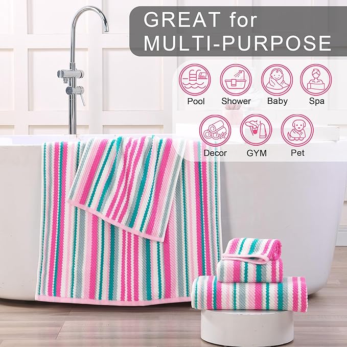 VOOVA & MOVAS Pink Soft Washcloths Set, Wash Cloth 13" x13, Striped Absorbent