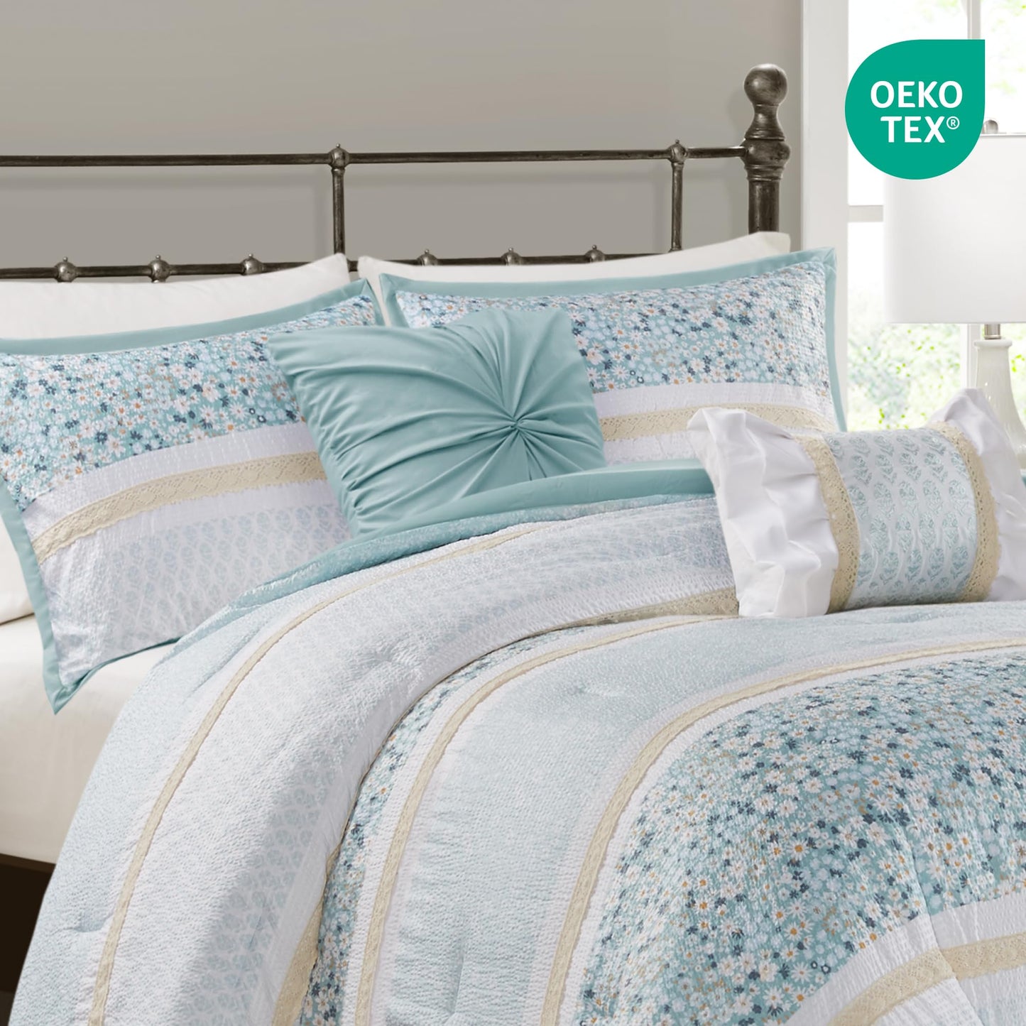 Madison Park Comforter Set, Seersucker Floral King Size Comforter Sets, Microfiber Comforters, All Season Lightweight Comforter, Throw Pillows, Caralie, King/Cal King Aqua 5 Piece