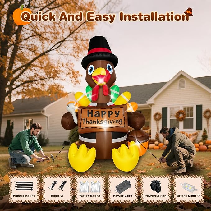 Thanksgiving Inflatables Turkey Outdoor Decorations 6FT Fall Inflatable Turkey with Built-in LED Lights with Colorful Tail Blow up Outdoor Lawn Yard Decoration