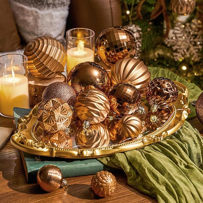 JORNOY Christmas Tree Ornaments Set, 47 Pack Assorted Shatterproof Hanging Balls Decorations, Plastic Bulbs Bulk with Lanyard for Home Holiday Party Decor, 3-Sizes (Caramel)