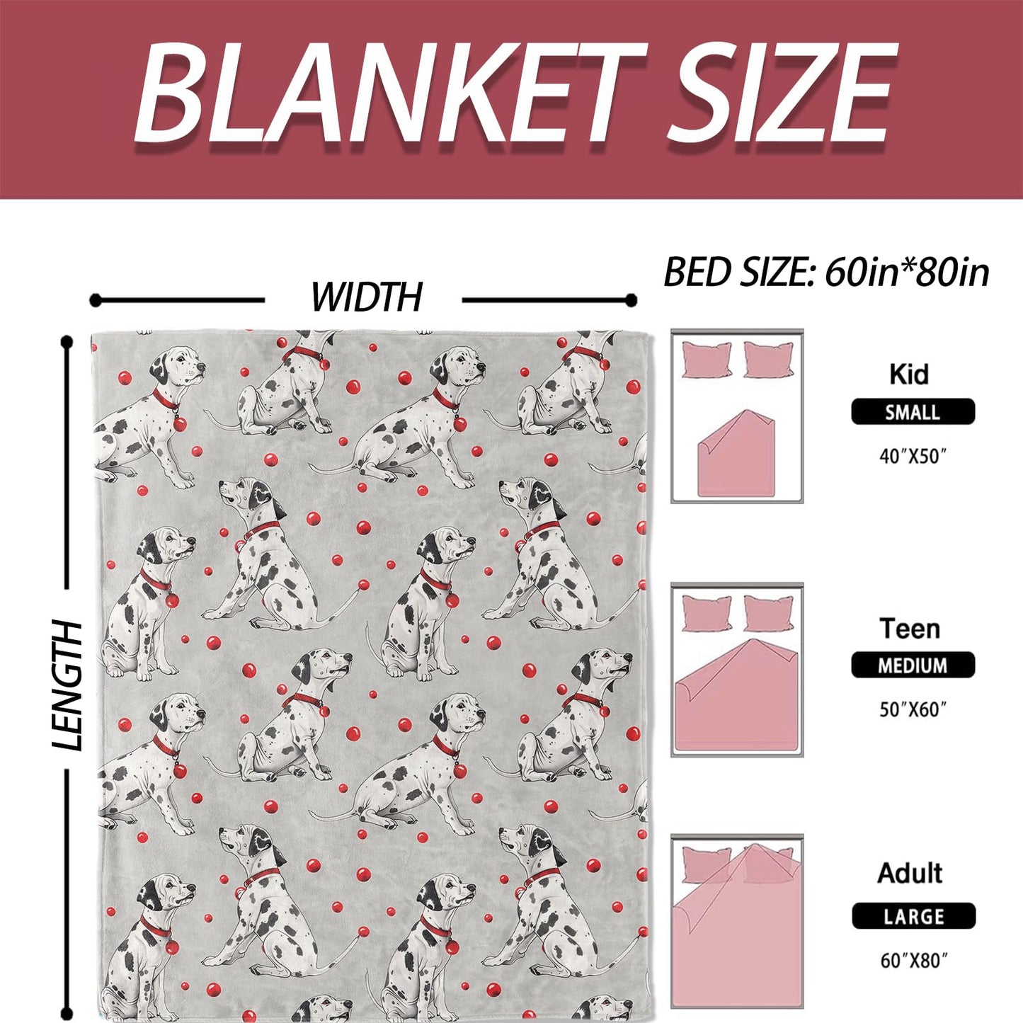 ICAAV Dalmatian Dog Blanket 50×60 Inch,Cute Cartoon Puppy Lightweight Flannel Throw with Red Collar and Polka Dot Ball Design, Soft Animal Lover Decor,Gifts for Girls,Women,Kids