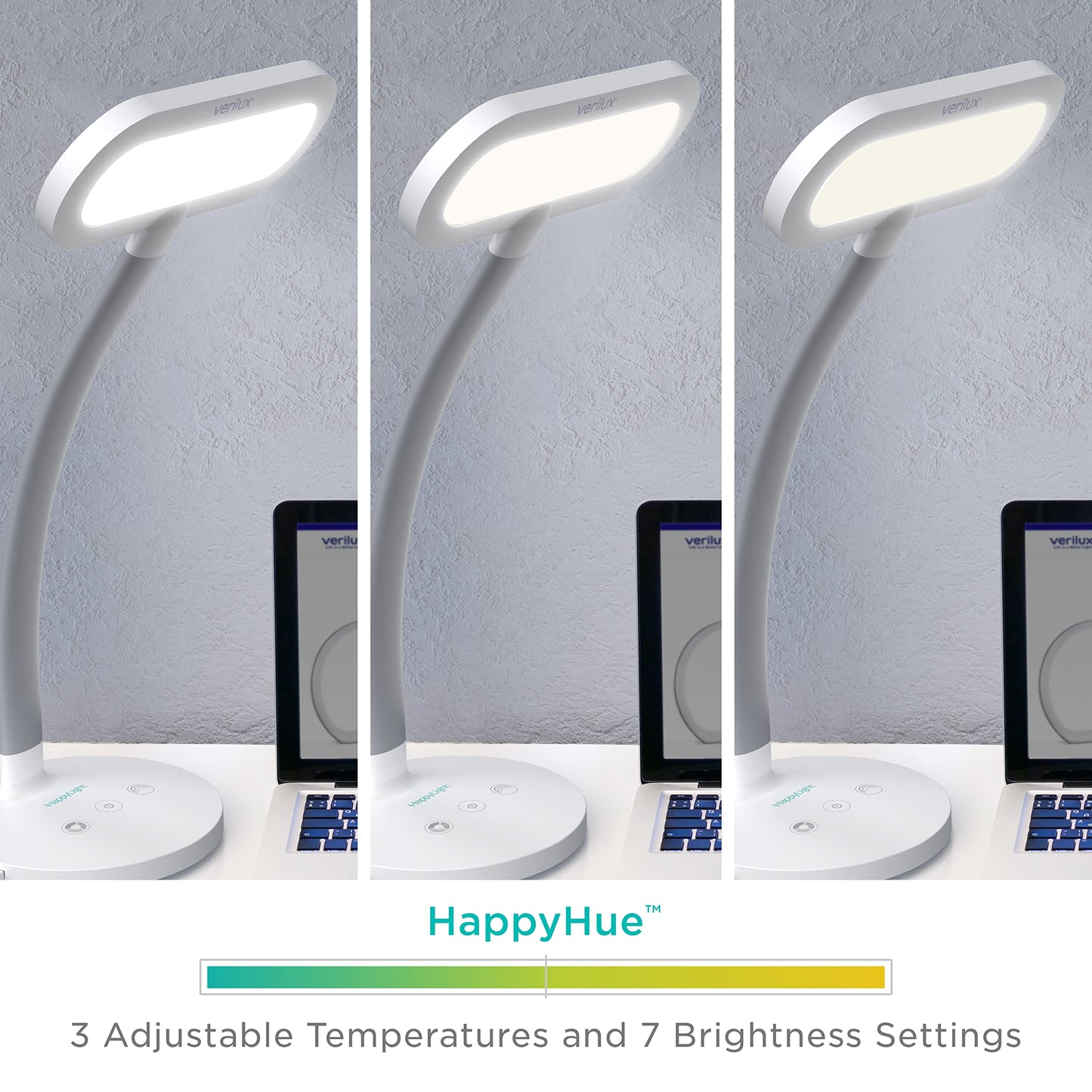 Verilux HappyLight Duo - 2-in-1 Light Therapy & Task Desk Lamp - UV-Free Full Spectrum LED, 10,000 LUX, Adjustable Brightness and Color, Flexible Gooseneck, and Integrated USB Charging Port
