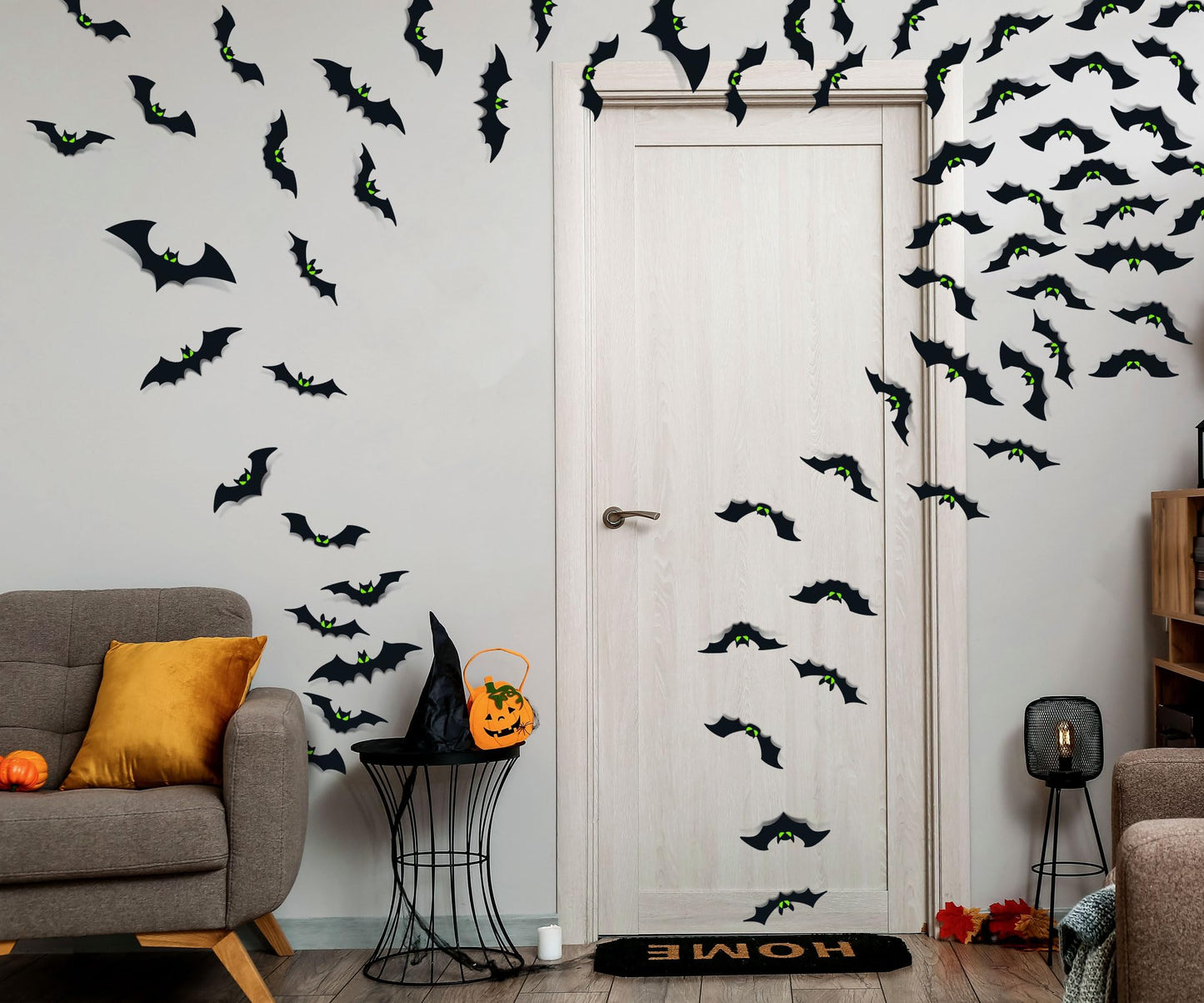 Halloween Decorations - 56 Pcs Spooky 3D Bats With Glow Eyes for Indoor Outdoor Party Decor - Plastic Scary Gothic Stickers for Bathroom Kitchen Home Room Wall
