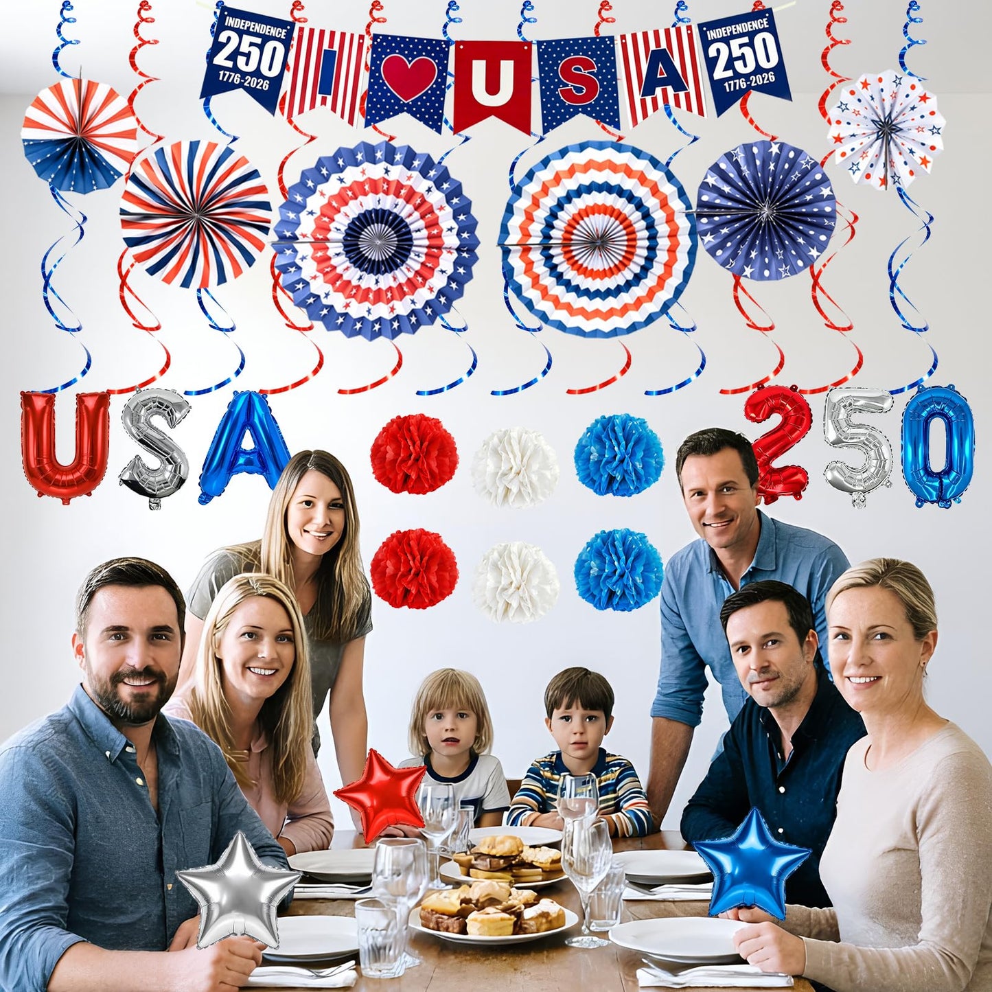 Onfunlee 4th of July Decorations Set, 34PCS Patriotic Memorial Day Decoration US 250th Anniversary Decor, Red White Blue Party Supplies with Paper Fans, Banner, Swirls, Pom Poms for Independence Day