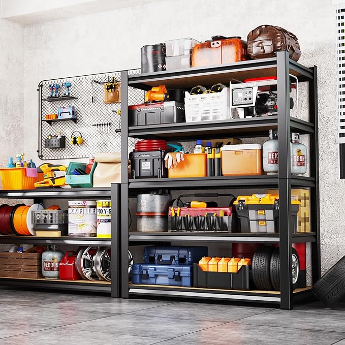 Set of 2 Garage Shelving Heavy Duty Storage Shelves, Metal Adjustable Shelving Unit, Utility Garage Organizer Shelf for Basement, Pantry, Kitchen, Warehouse, 13.8''Dx31.5''Wx71.2''H, Black