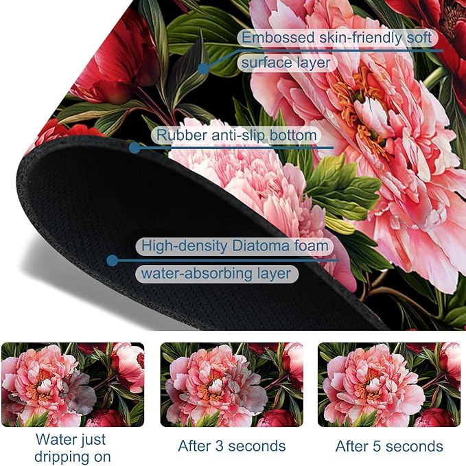 Blooming Peony Kitchen Sink Splash Guard Faucet Mat Pink Peony Flowers Super