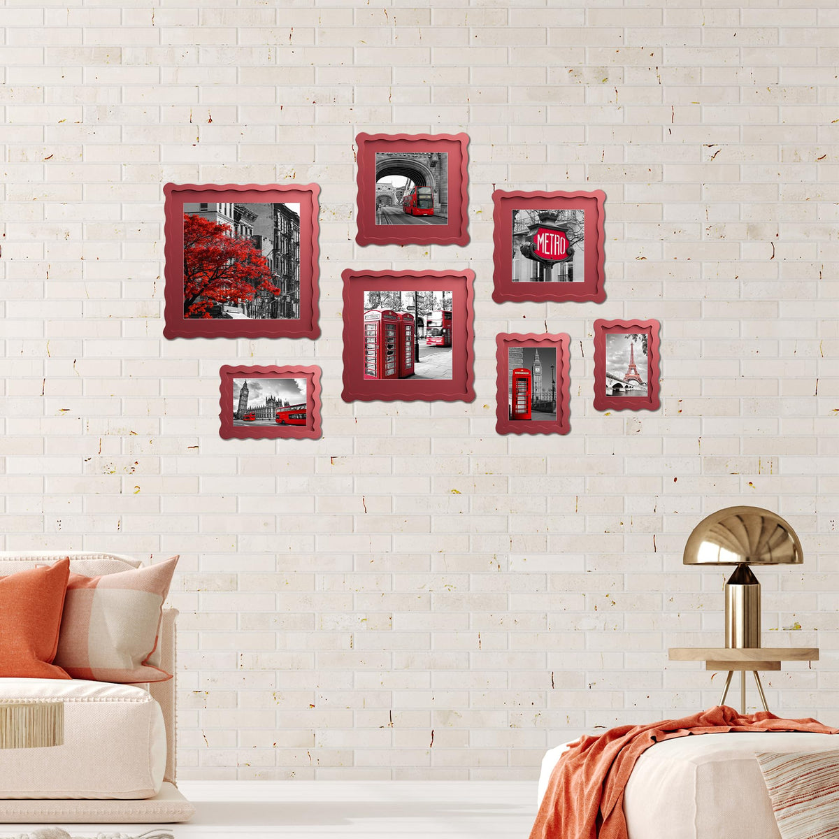 Chrspk 11x14 Wavy Picture Frame With Mat For 8x10, Wavy Edge Wooden Picture Frame with Real Glass - Wall Mount Display, Red, 2 Pack