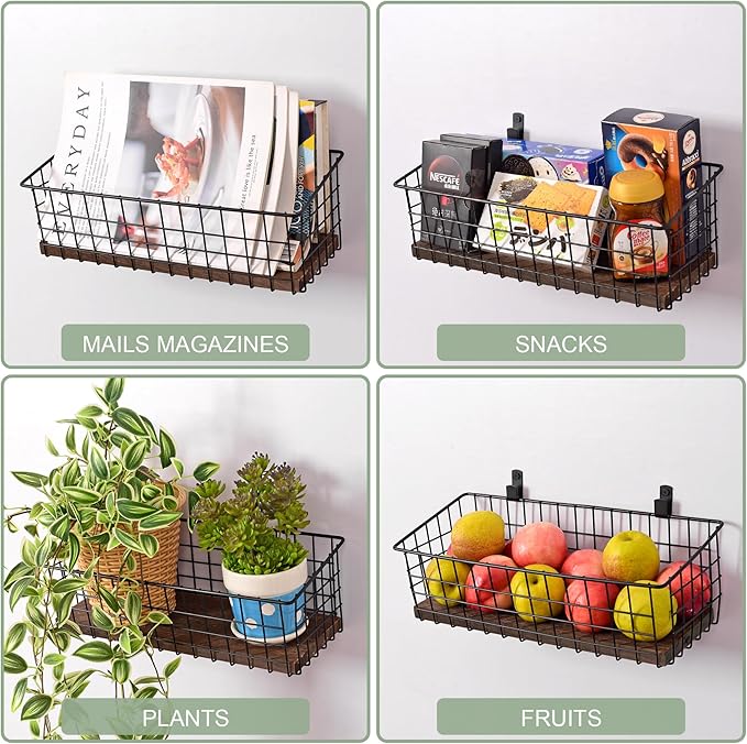 Wall Hanging Baskets 3 Pack, Diversified Wire Basket Shelves of Wooden Style