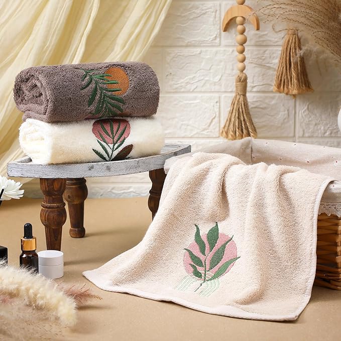 3 Pack Boho Leaves Hand Towels for Bathroom 100% Cotton Embroidered Bathroom