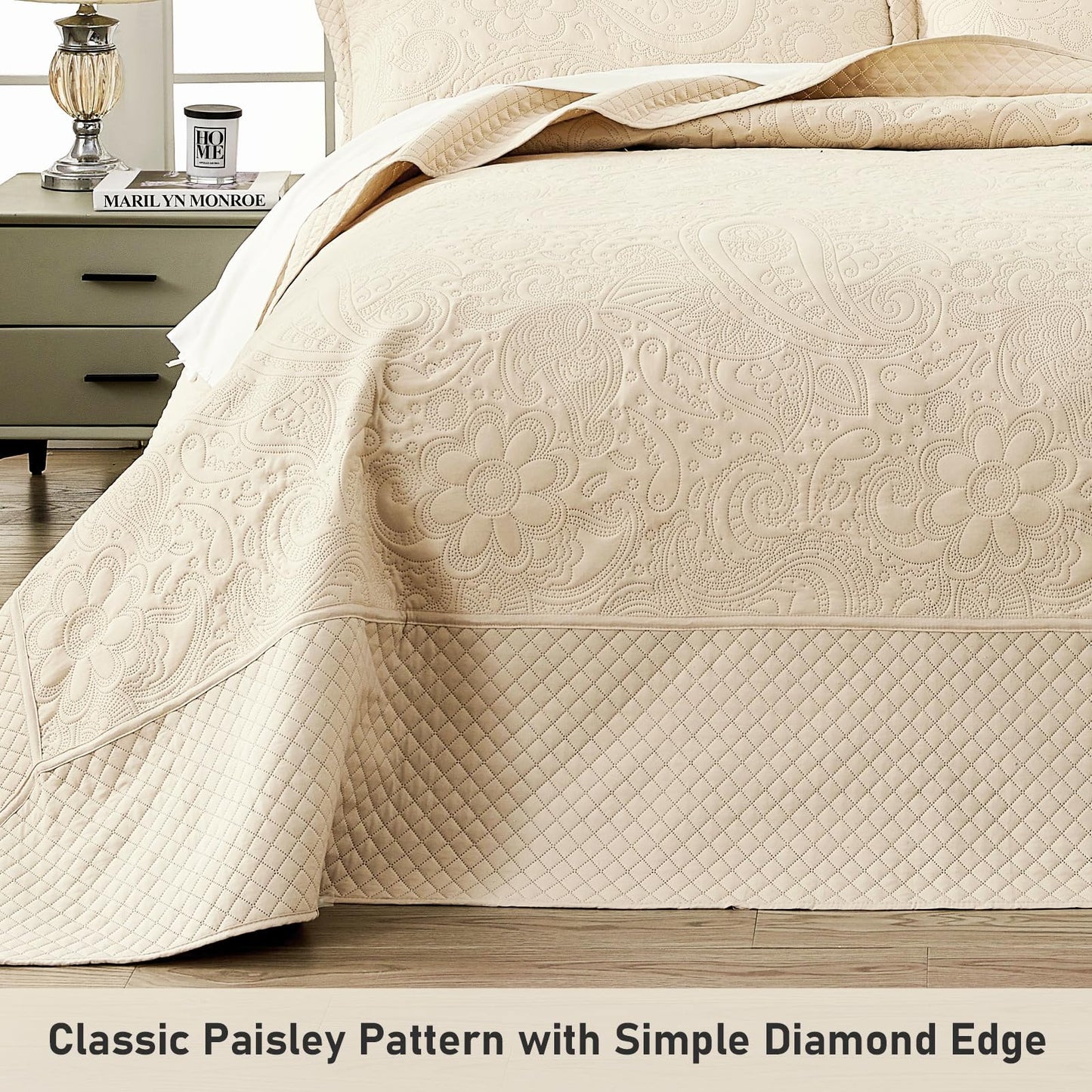 Qucover Alaska King Bedspread 132x 120, Oversized King Bedspread Extra Wide, 3 Piece Soft Microfiber Lightweight Oversized King Quilts Bedding Set, Quilting Paisley Pattern, with Pillow Shams, Beige