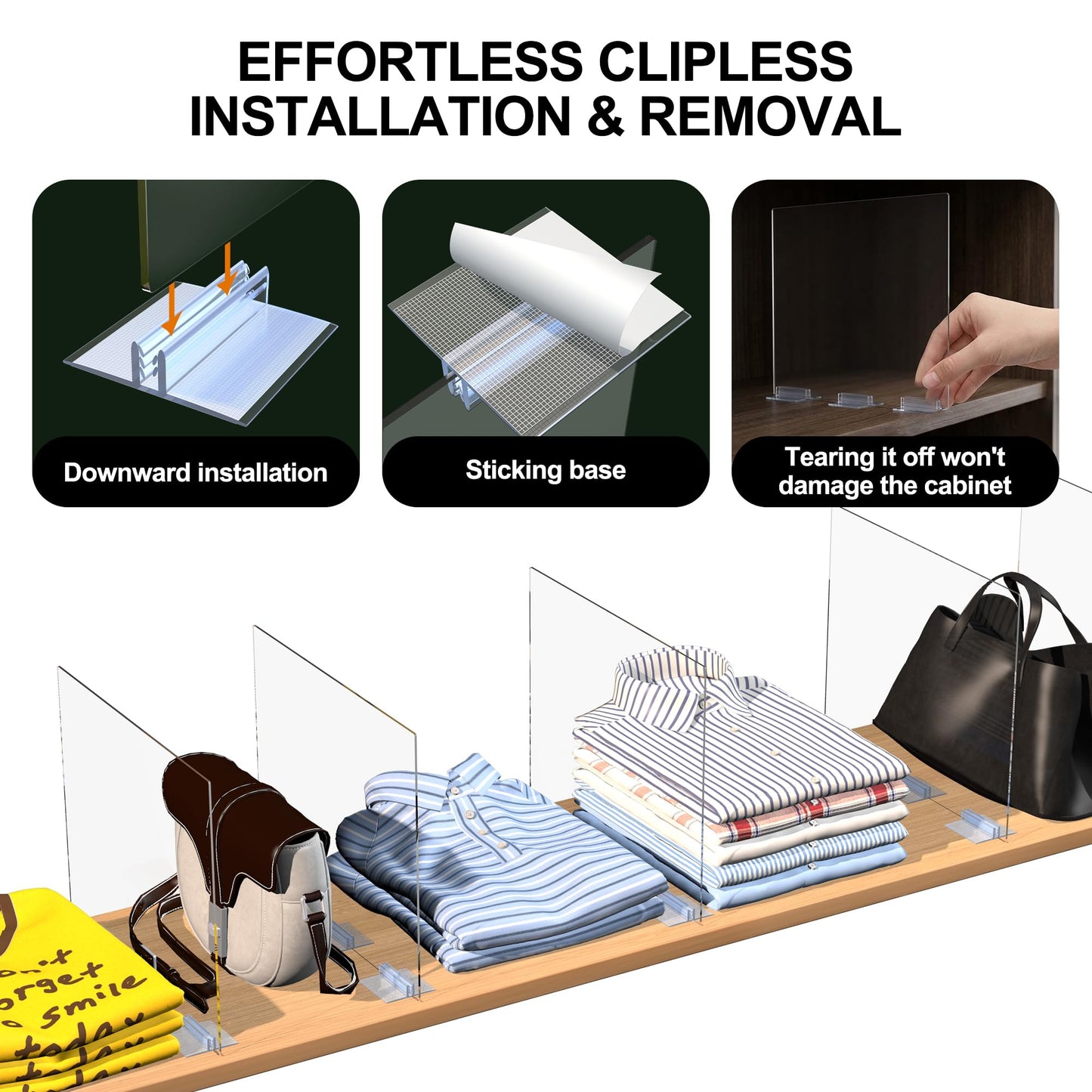Acrylic Shelf Dividers for Closet Organization - 4 Pack Clear Removable 10/11.8" Tall X 11.8/10" Deep Sturdy Separators for Wood Cabinet - Vertical Adjustable Storage Clothes,Purse,Bag Organizer