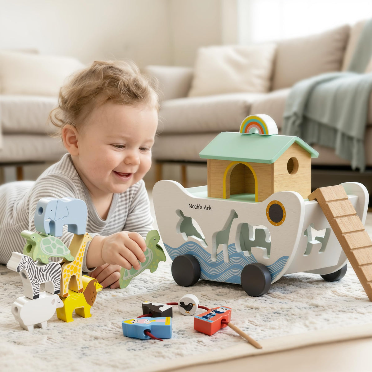 GiggleGems Noah's Ark Wooden Toy - All-in-1 Push Pull Shape Sorter for Toddlers - Montessori Animal Matching Set - Baptism Christening Gift for Birthday, Religious Toys for Boys Girls (18M+)