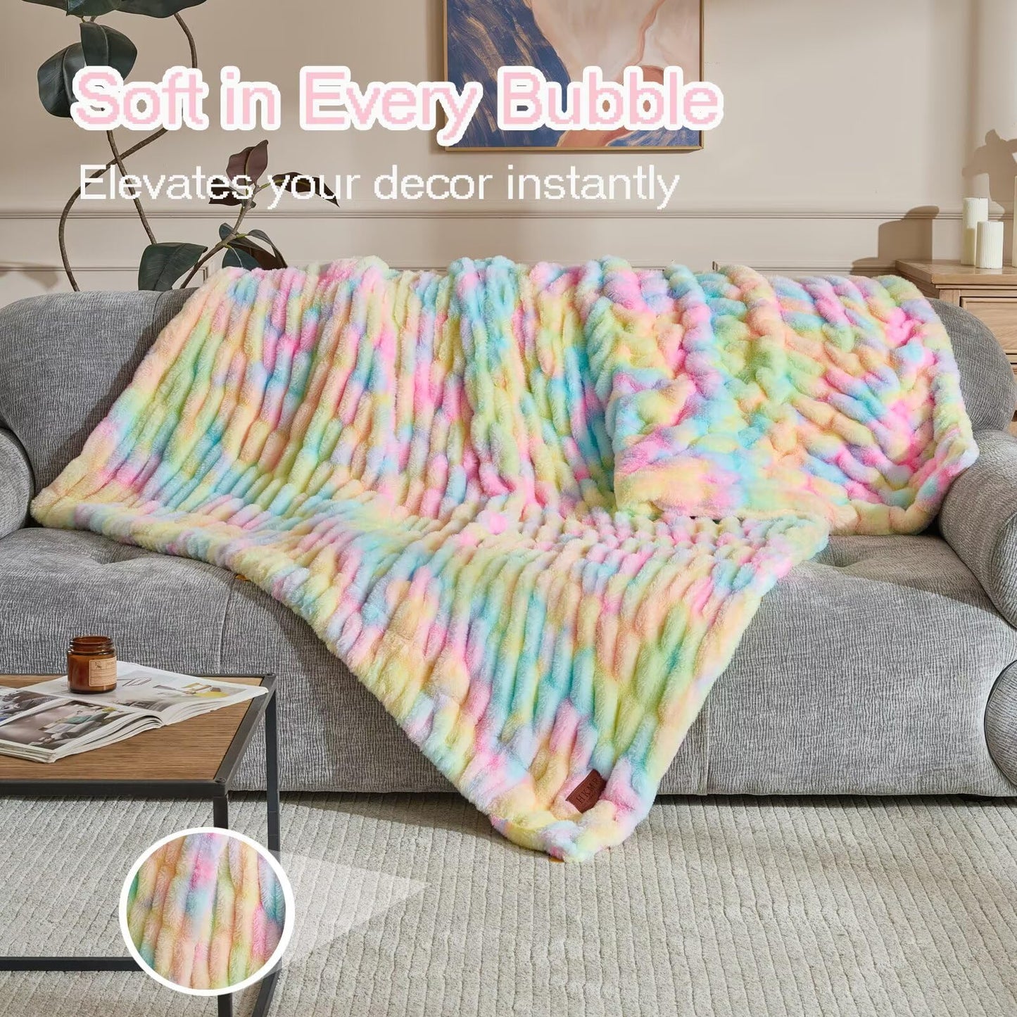 Double Side Faux Fur Throw Blanket,Cozy Soft Fuzzy Fluffy Faux Rabbit Fur Blanket for Couch, Bed, Sofa,Room Decor-Rainbow,50x60 inch