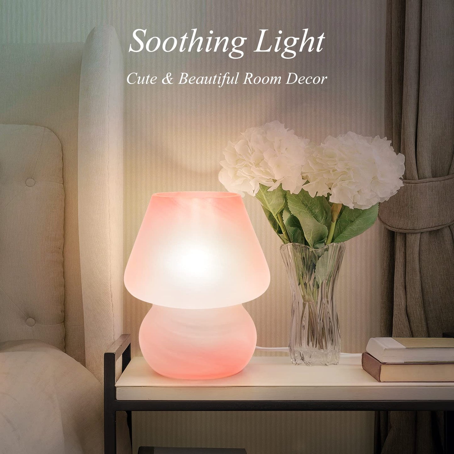 ONEWISH Mushroom Lamp Cute Table Lamp for Bedroom Nightstand Soft Light Pink, Small Glass Nightlight Stepless Dimmable Desk Lamp for Dining, Living, Nursery, Vanity, Home Decor Lamp for Girls Women