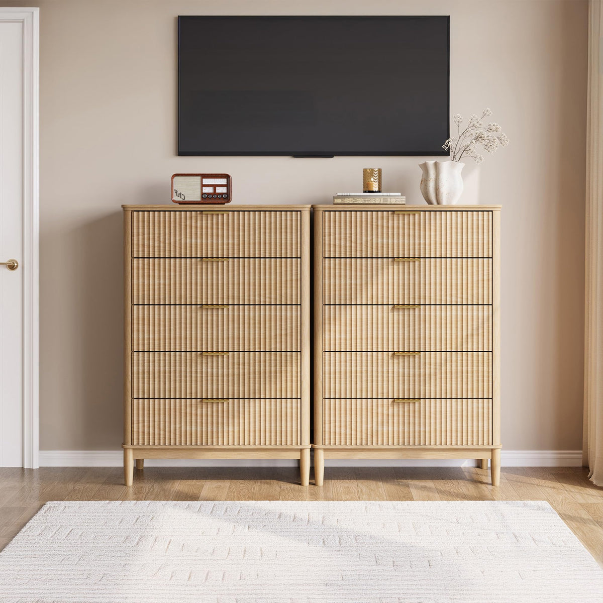 LINSY Fluted 5 Drawer Dresser for Bedroom, 46" Tall Mid-Century Modern Chest of Drawers, Deep Storage Dresser with Curved Corner Design, Large Accent Wood Cabinet for Bedroom, Oak