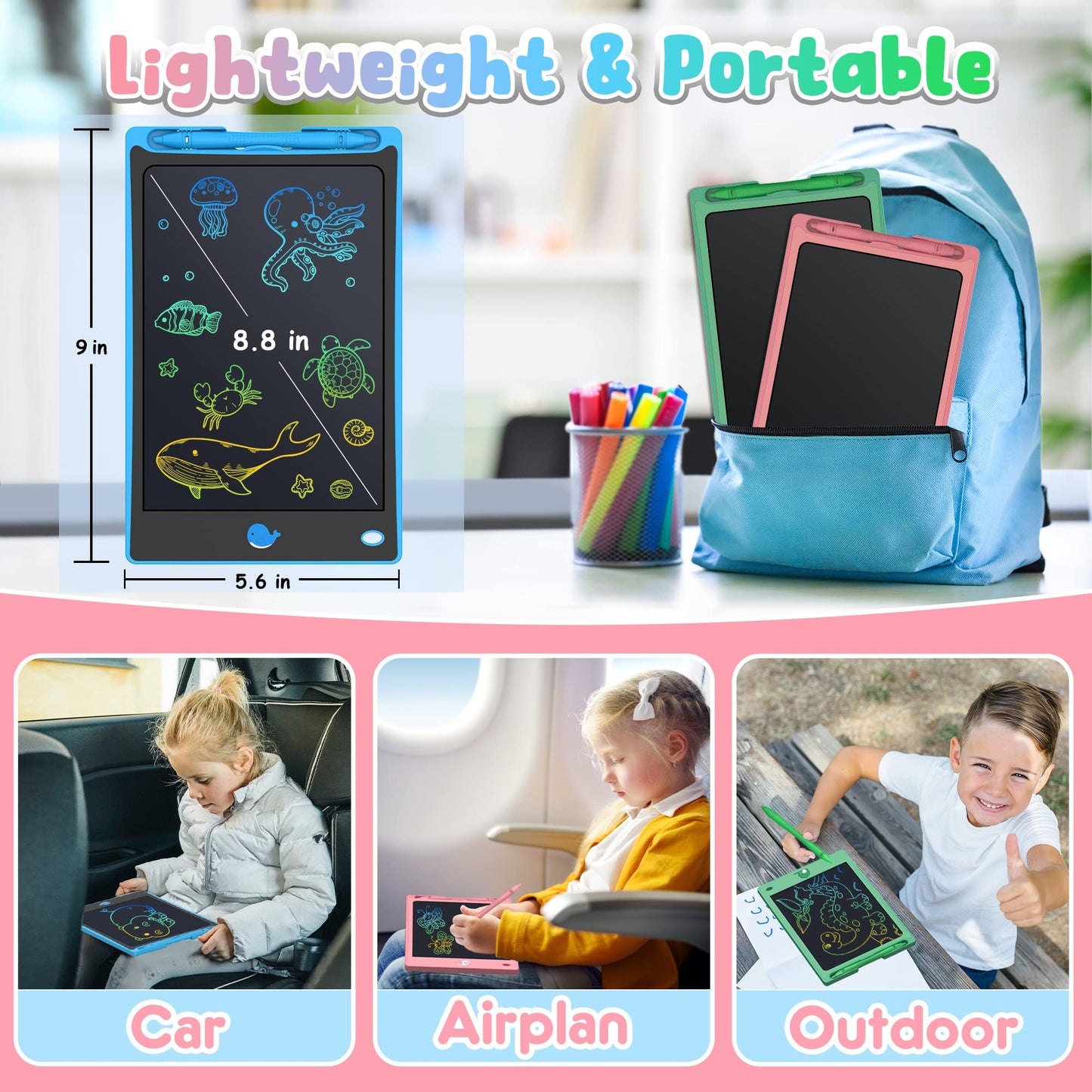 FLUESTON LCD Writing Tablet for Kids,Drawing Tablet for Boys Girls 3 4 5 6 7 8 year, 8.8 Inch 3pcs in 1 Pack Drawing Pad Toy Christmas Gifts for Toddler, Educational Doodle Board Cute Dinosaur Unicorn