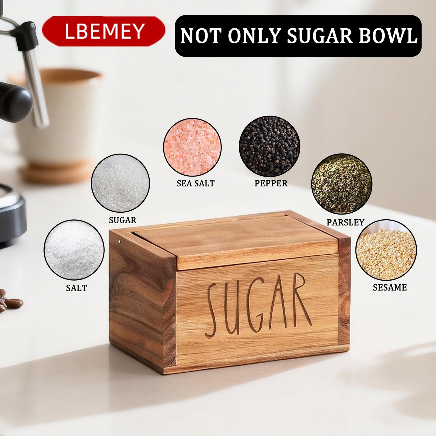 Acacia Wood Spice Box with Lid and Built-in Spoon for Kitchen Countertop, Rectangle Farmhouse Kitchen Decoror for Storing Salt, Peppers, Sugar or Seasonings, Brown (Labeled - “SUGAR”)