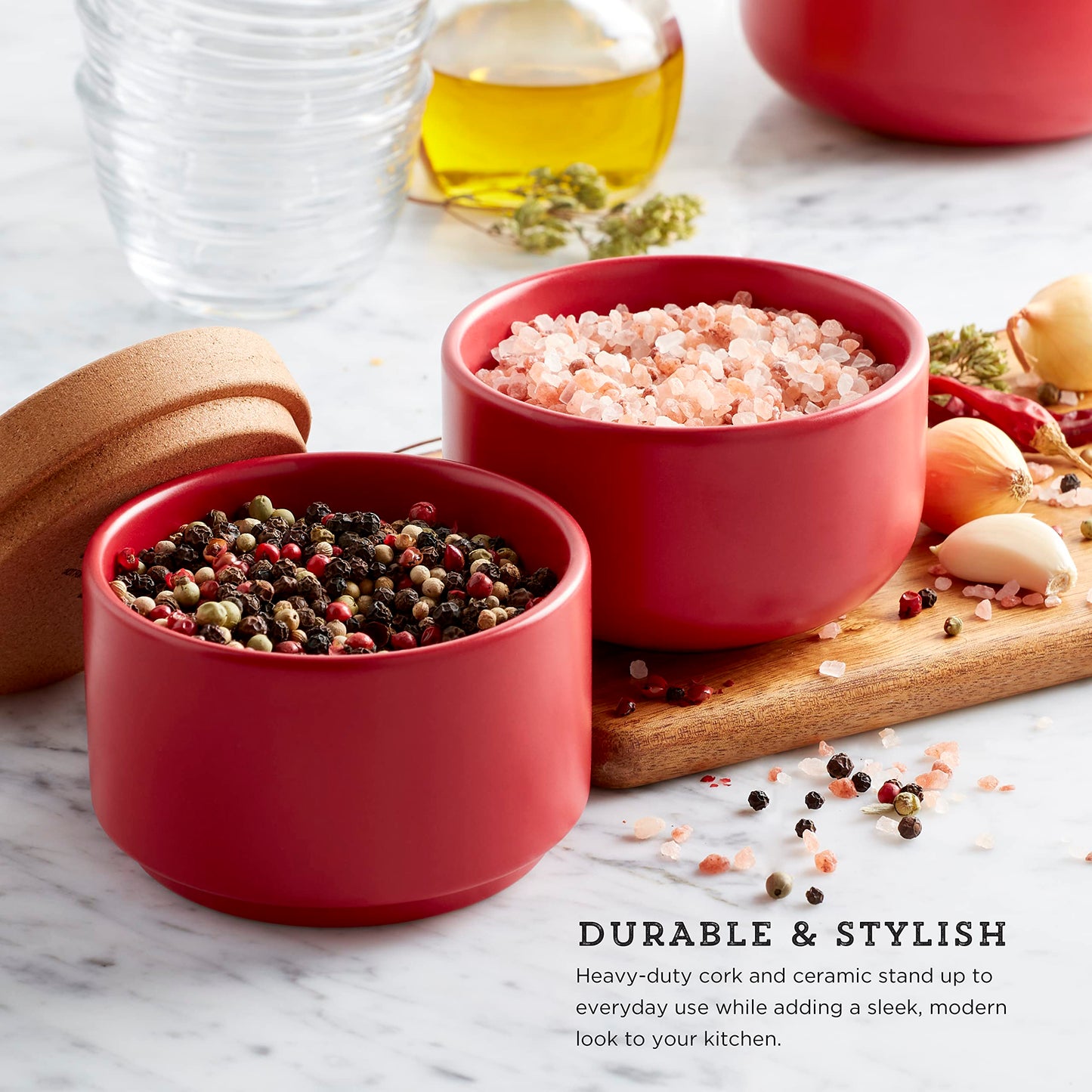 Ceramic and Cork 3 Piece Stackable Salt and Pepper Cellar For Countertop Space Saving1Easy Lift Lid to Retain Freshness for Easy Open, Natural Cork and Red Ceramic