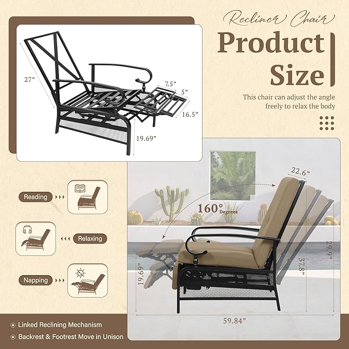 Oakcloud Adjustable Outdoor Lounge Chair Metal Patio Relaxing Recliner Chair Set with Bistro Table and Removable Cushions(Brown)