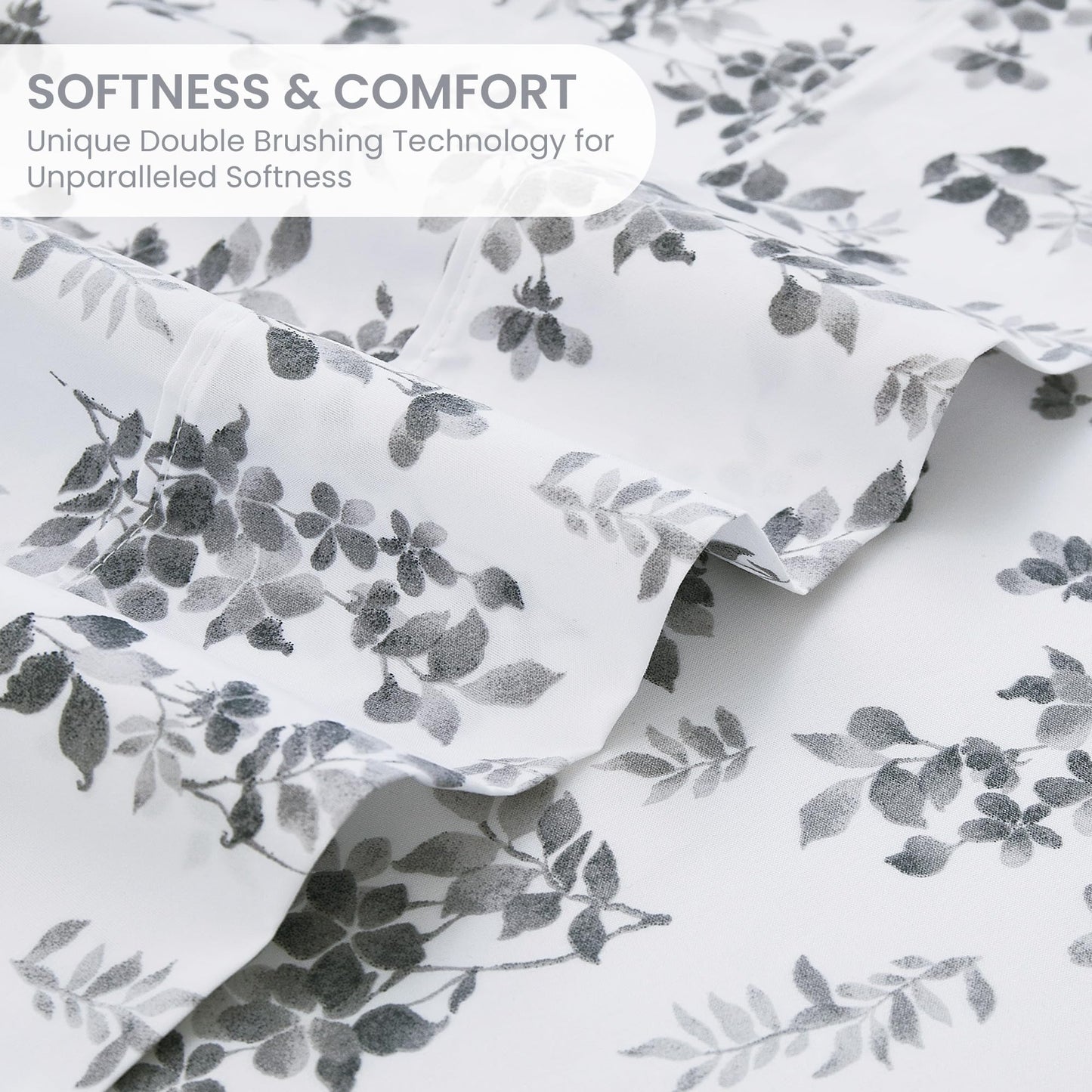 Mooreeke Cozy Vintage Microfiber Printed Twin Sheet Set - Soft Breathable Floral Bed Sheets with Deep Pocket - Non-Slip Fitted Design - Gradient Grey Small Flowers Pattern