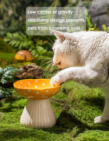 Whimsicalfox Raised Cat Bowl, Cute Mushroom Pet Feeder, Elevated Small Dog Food Bowl, Ceramic Pet Bowls for Food and Water, Wide Shallow Cat Dish, Whisker Fatigue (Black)