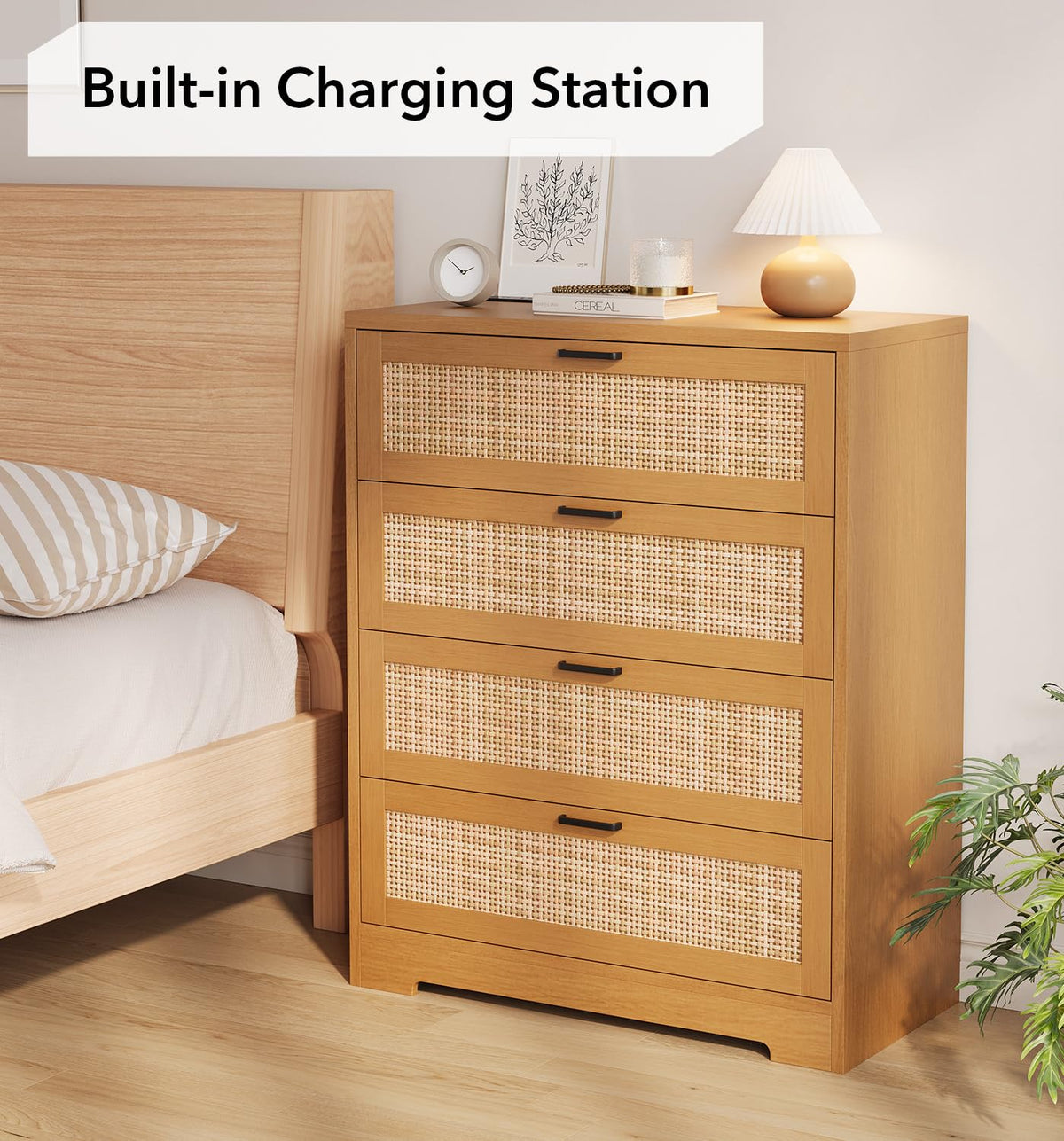 GarveeHome Rattan Dresser, Tall Chest of Drawers, Wood Dresser for Bedroom, Closet, Living Room, Hallway (Natural, 15.8" D x 31.5" W x 38.6" H (4 Rattan Drawers))