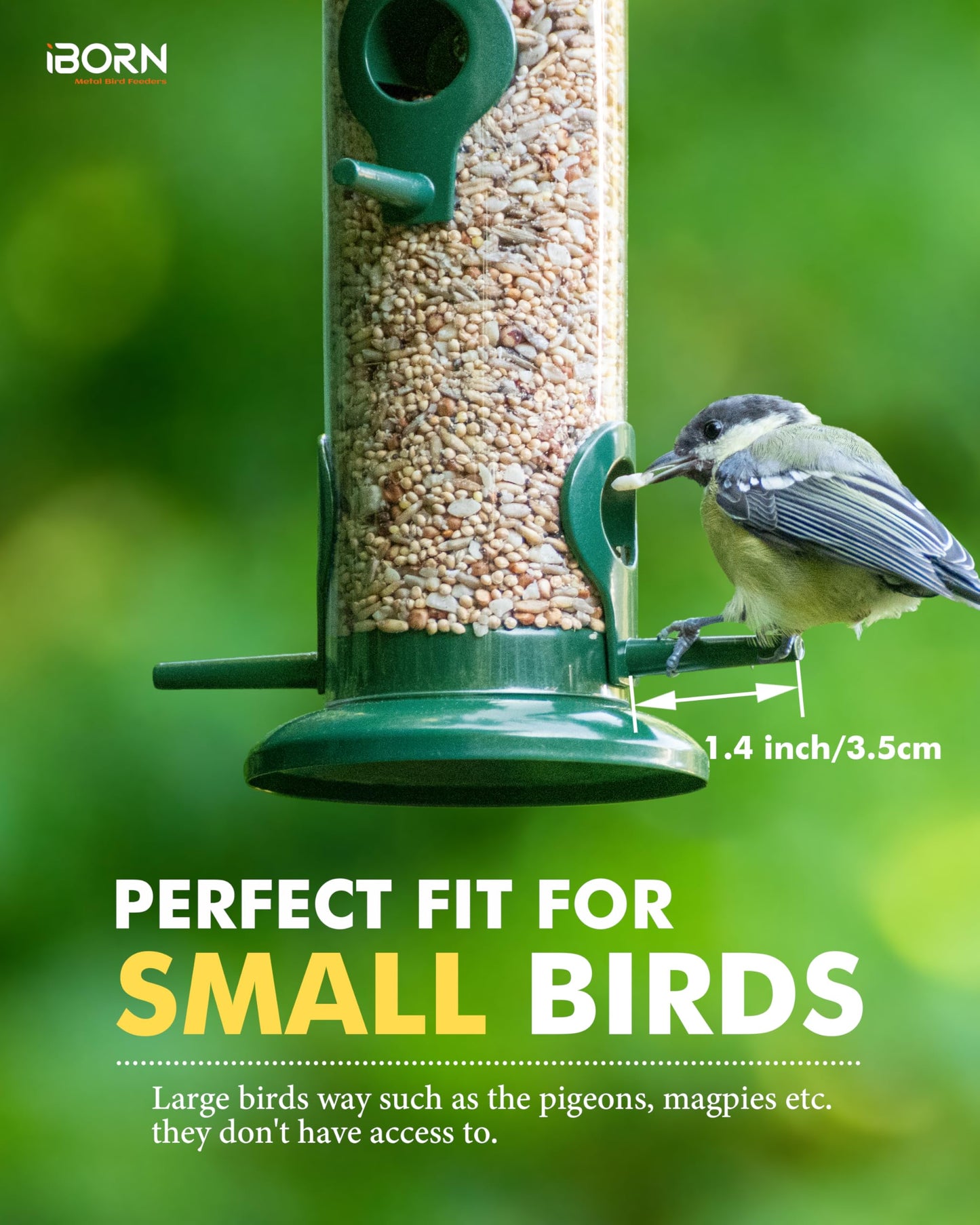 iBorn Metal Bird Feeders 6 Ports Hanging Wild Bird Seed Feeder for Mix Seed Blends, Niger Seed Feeder, Sunflower Heart, Birdbath, Heavy Duty All Metal Green Finishing 14 Inch 6Port